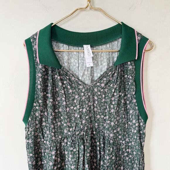 Amadi Green And Pink Floral Tiered Polo Summer Dress Pockets L - Picture 4 of 10